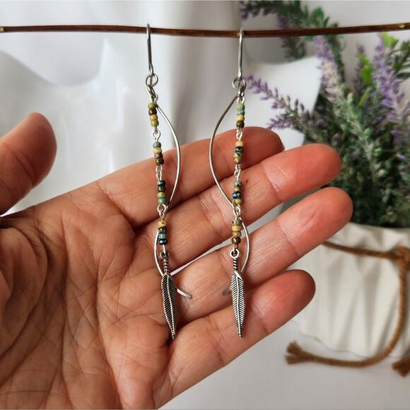 Bohemian Long Dangle Earrings, Earthy Picasso Seed Beads Handmade Earrings - Picture 5 of 6